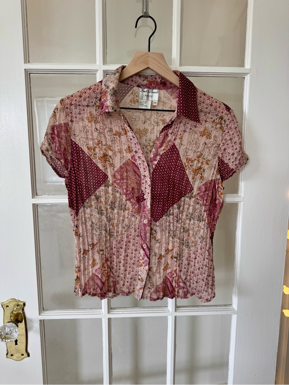 Vintage Patchwork Y2K Floral Collar Button Top in Mauve Pink